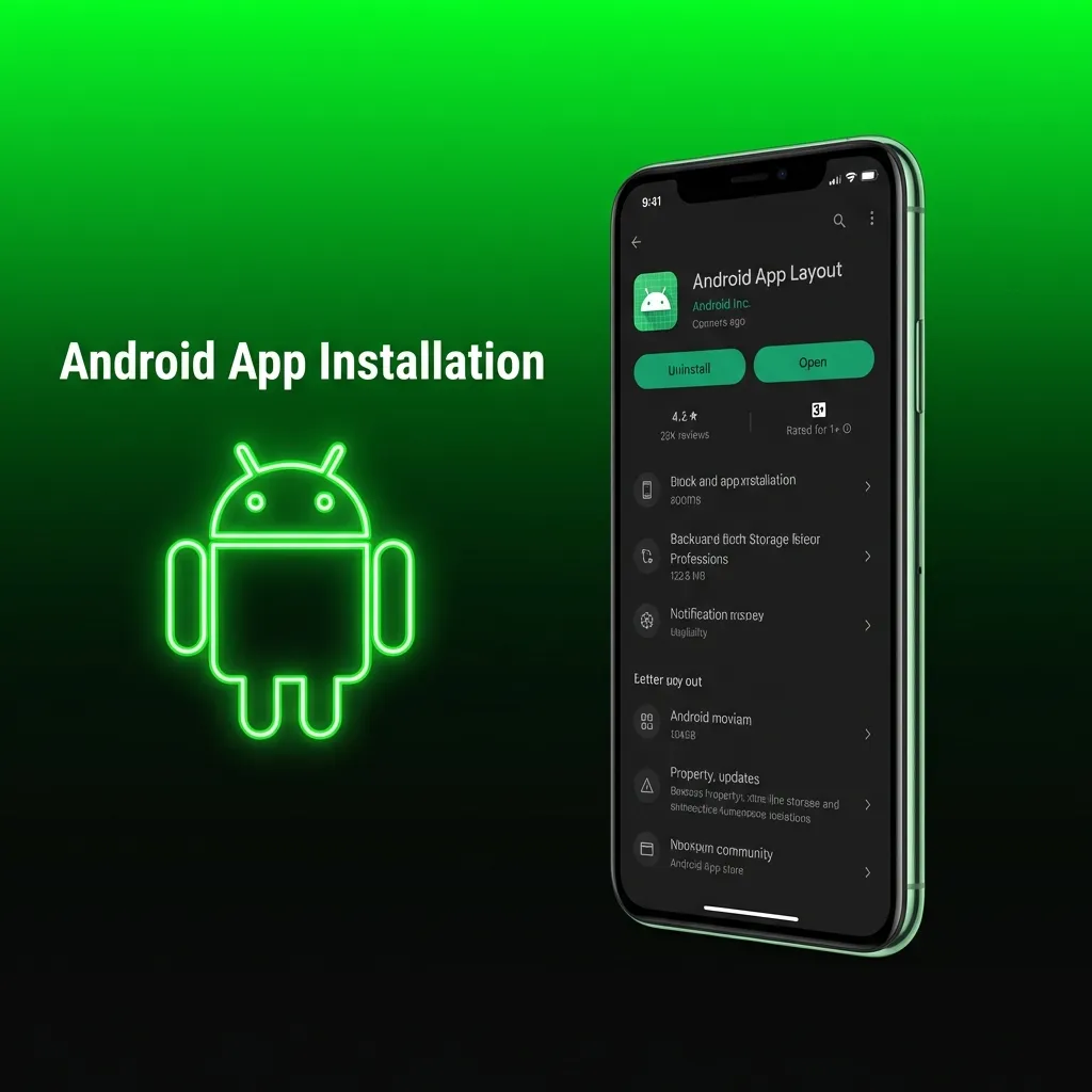Android app installation steps showing download button, security settings, and APK file installation process