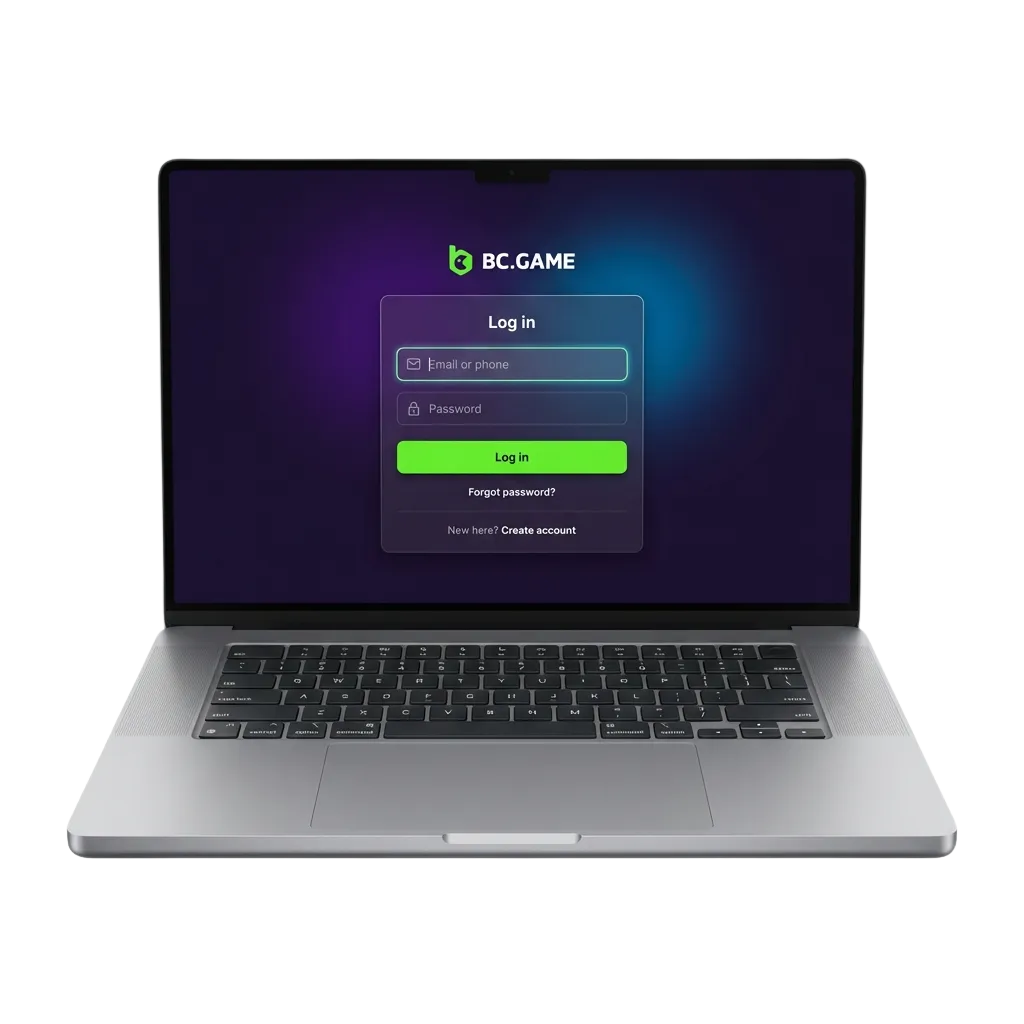 BC Game login interface showing email and password fields for Indian users to access their account