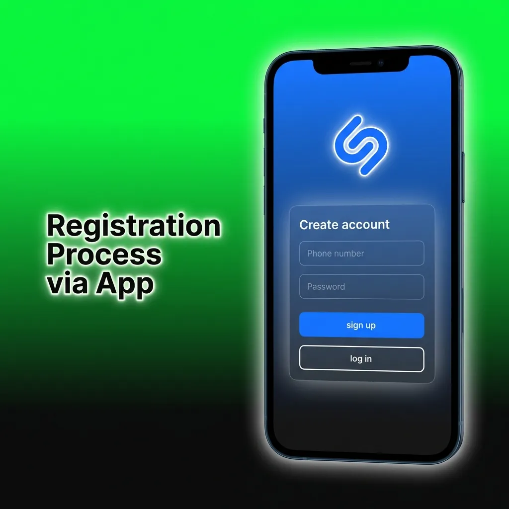 Mobile app registration screen showing sign-up form with phone number, email, and password fields for account creation