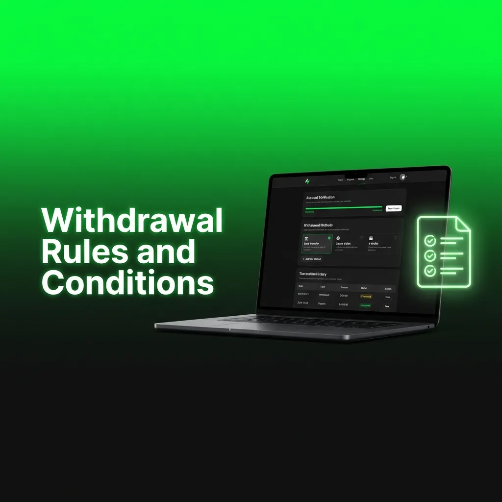 Checklist graphic showing withdrawal rules: verification, wagering requirements, matching methods, limits, and pending periods.