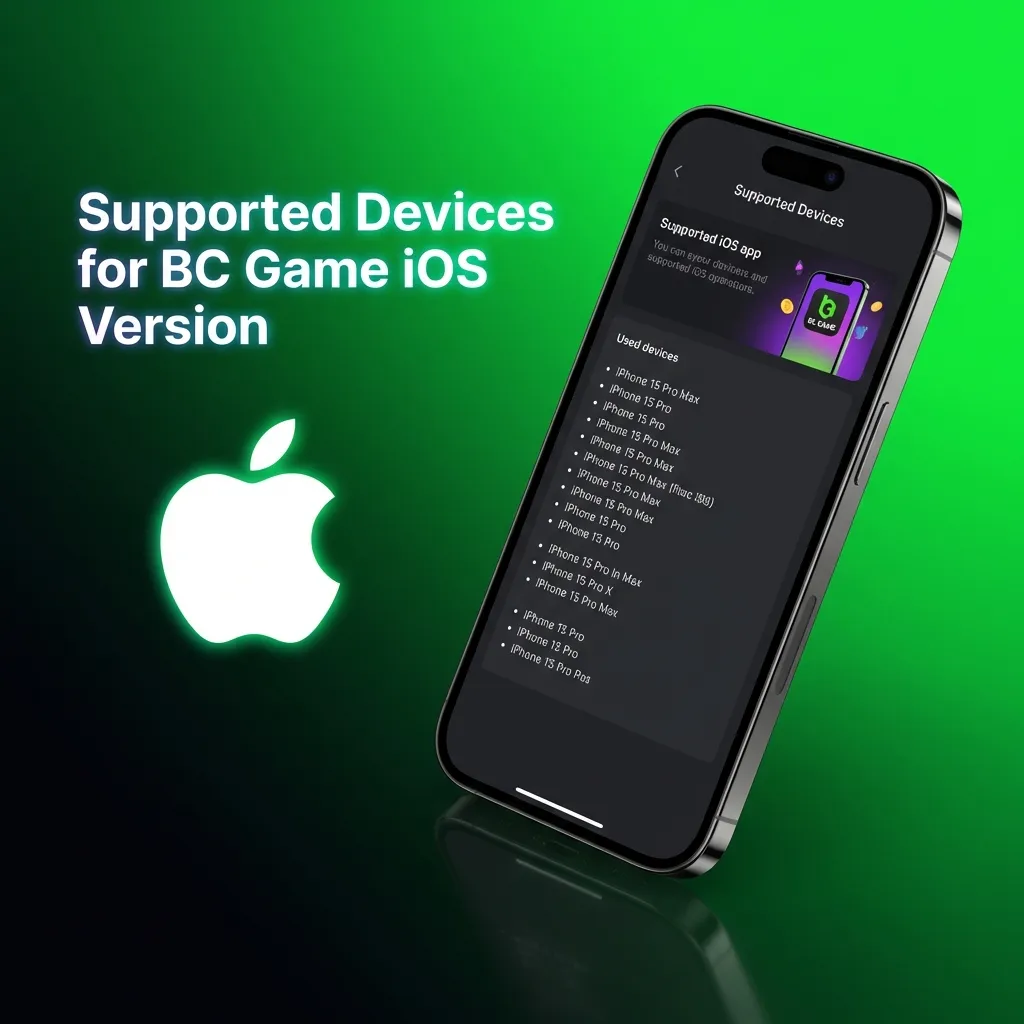 BC Game iOS app compatibility chart showing supported iPhone models from iPhone 11 to iPhone 15 Pro Max